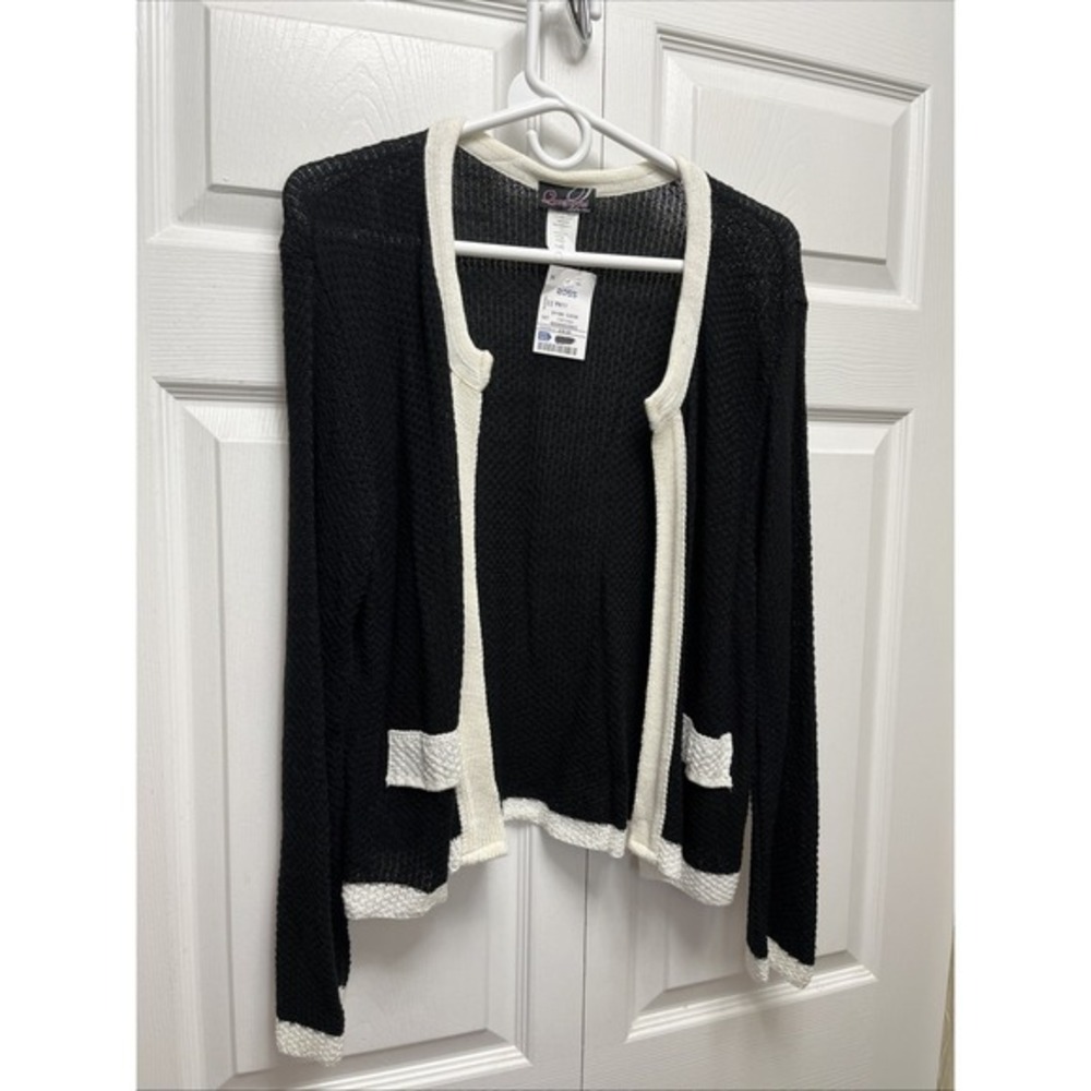 Questions Black Open Front  White Trim‎ Cardigan Sweater X Large New